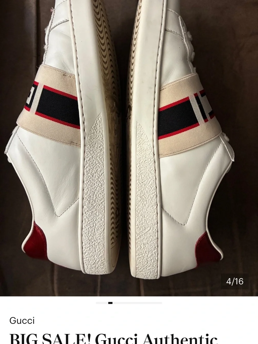 SALE GUCCI White Leather Sneakers Logo Strap across foot men’s has serial number